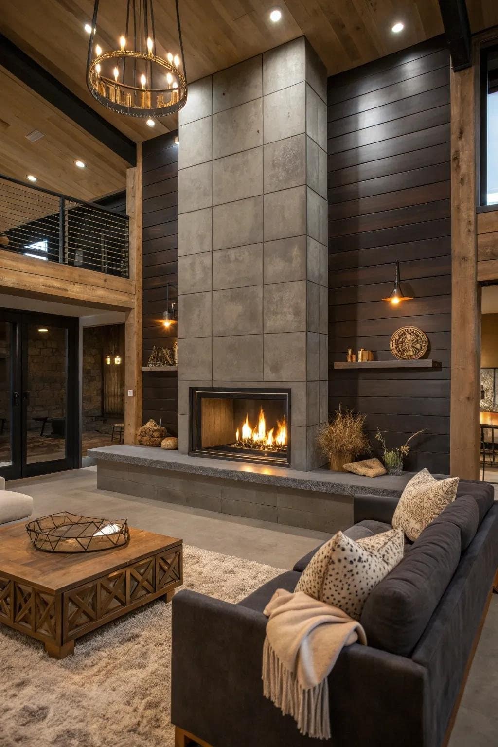Great room with a concrete panel fireplace surround, dark shiplap walls and a wood ceiling
