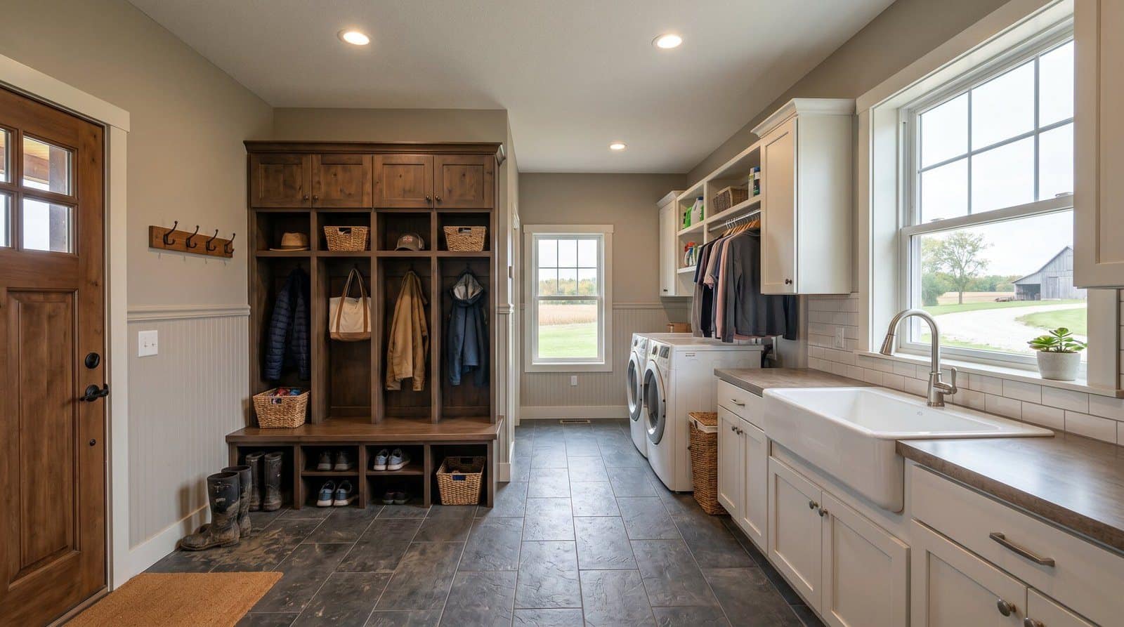 Mudroom and laundry with built-in lockers, a farmhouse sink and a tile floor