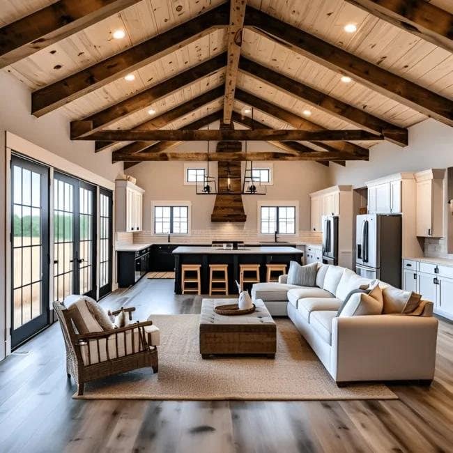 Open plan great room with a vaulted wood ceiling and exposed beams over the kitchen and living area